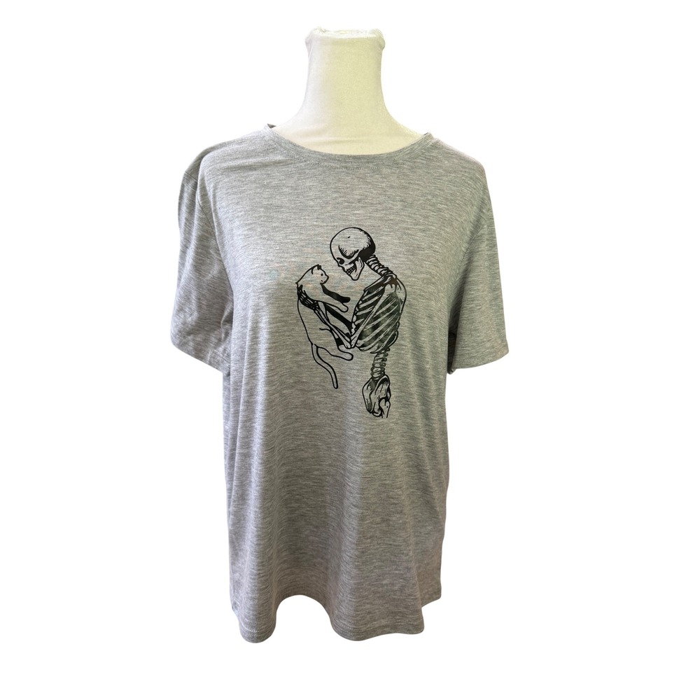 SHEIN Gray Skeleton Hugging Cat Graphic T-Shirt Womens Large Heather Gray Tee